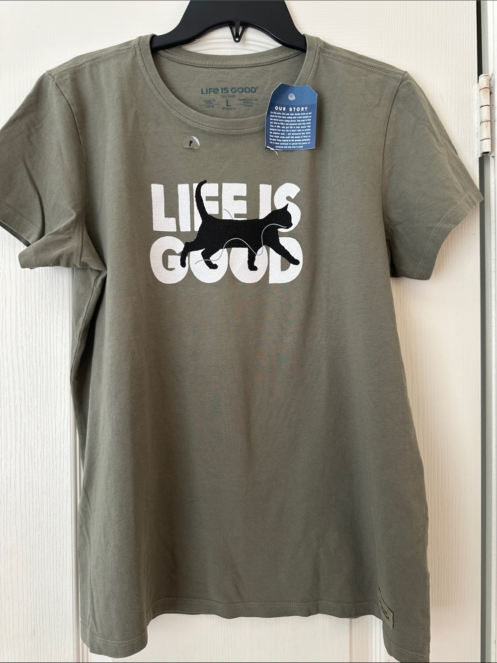 Life Is Good Olive Green Short Sleeve Tee with Black Cat Graphic